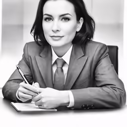 a woman in a suit with a pen and note