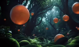 a bunch of orange balls floating down the middle of a forest