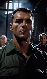 there are many men in a factory and one of them is staring at someone