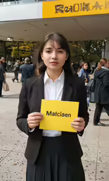 woman in black skirt and white shirt holding up a yellow sign