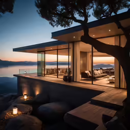 this modern villa is made up of large windows, a wooden deck and stone benches