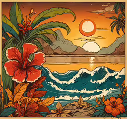 a painting with a tropical theme painted on it,a poster is shown with the sun setting over the water and flowers