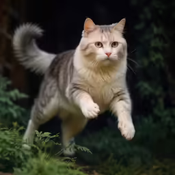 a cat in mid air, leaping in the grass