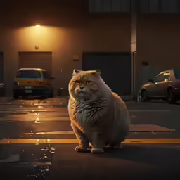 the cat is standing on the street at night