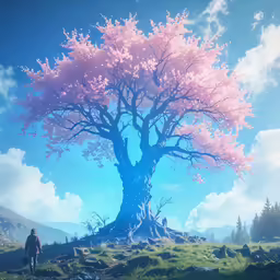 a man walking past a tree on top of a hill