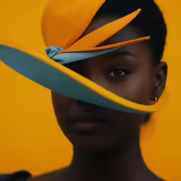 the woman is wearing an unusual hat that is made of fabric