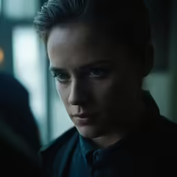 a woman looks towards the camera from the dark