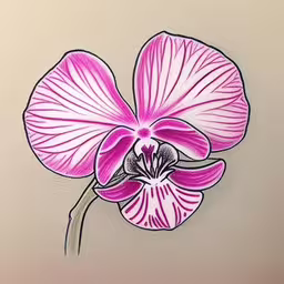 this is a drawing of a pink flower with two petals,a drawing of a purple flower on a wall