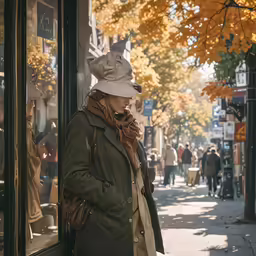 an older woman wearing a hat and a scarf leaning against a window