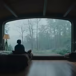 a person sitting on a bed next to a large window