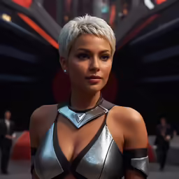 an attractive woman in a shiny suit posing for the camera