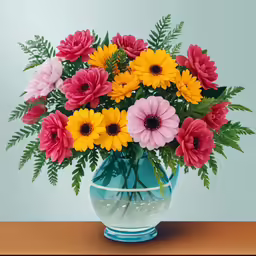 a blue glass vase with yellow, pink and orange flowers
