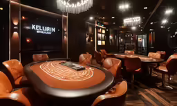 an casino room with tables, chairs and chandelier