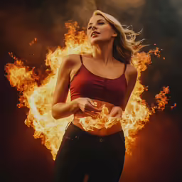 beautiful girl holding a fireball on dark background