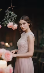 woman with pink dress standing under floral branch
