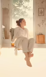 an image of woman sitting on a window ledge with her legs up in the air