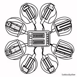 an old radio sitting on top of a table,a diagram of the radio with different wires,the radio surrounded by lights with two candles,an electric car with five different plugs and wires,a stylized drawing with some kind of speaker surrounded by other electric cords