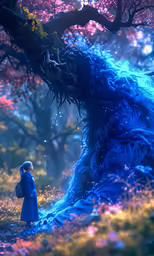 a woman standing in the woods next to a giant blue tree