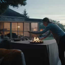woman leaning over a fire pit on top of table