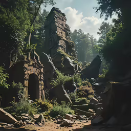 there are some rocks in the woods on this sunny day