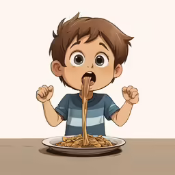 the boy is eating his food from a plate
