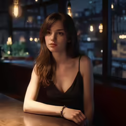 a girl wearing a black shirt sitting at a table