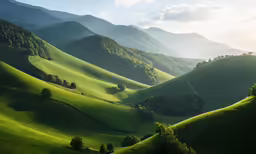 green hillside with sun shining on the green mountains