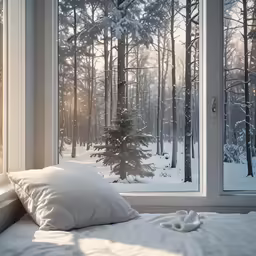 an open window shows snow covered trees outside