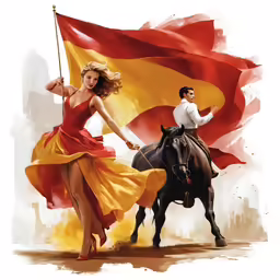 a man riding on the back of a horse holding a flag