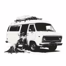 a van is parked and a woman is washing it