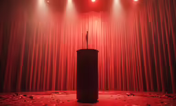 a red curtained room has light coming through the curtain