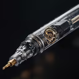 the top end of a pen with the pen cap in a gold and black pattern