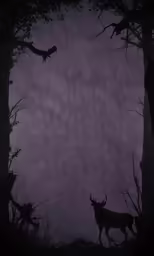 two deers in the dark, silhouetted forest at night