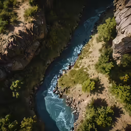 an overhead view of a river in the wilderness