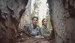 a couple are sitting inside a tree with their eyes open