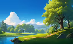 a painting of a green grassy landscape with trees, water and rocks
