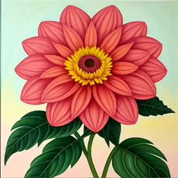 there is a flower on a colorful background,a painting shows a large flower with leaves on its stem