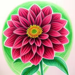 a drawing of a flower with green leaves on a pink background,drawing a flower in colored pencils with colored pencils
