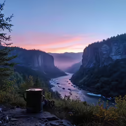 an early morning sunrise over a mountain river and canyon