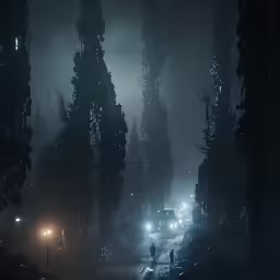 a person standing in the dark between some trees