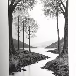 a black and white photo of trees beside a stream