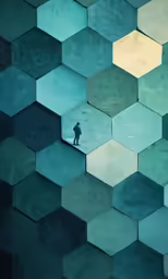 man in an abstract, colored hexagonal pattern