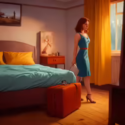 woman standing in a room by a window with her luggage
