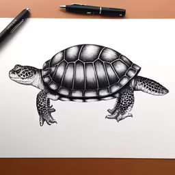 a drawing of a turtle is seen on paper