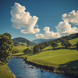 a river runs between green hills and clouds