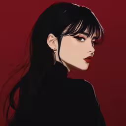 a woman with black hair with long bangs