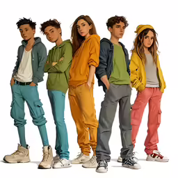 six young adults in colored sweat pants and jackets