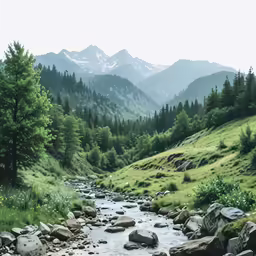 a valley filled with a river surrounded by lush green grass
