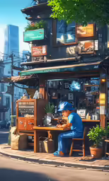 a man sitting at a table next to a tall building