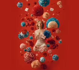 a woman surrounded by balls and flowers with a red background